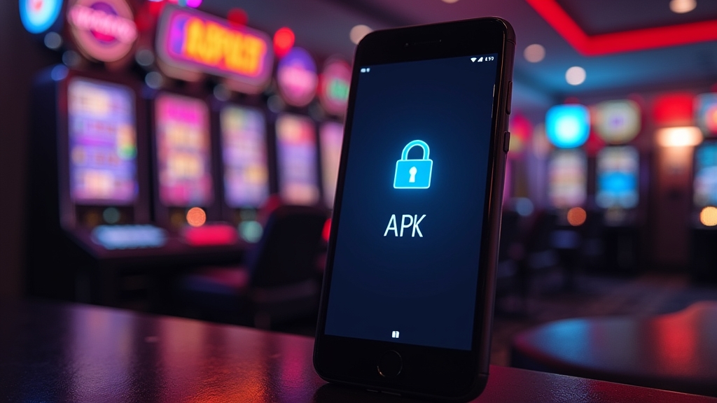 Android phone installing an APK file with casino-themed neon lighting