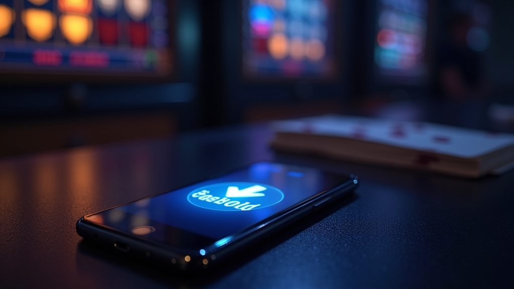 Smartphone showing a casino app download screen in a dark neon setting