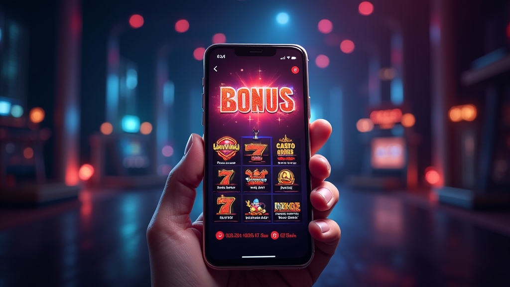 Mobile casino app lobby with bonus banners and game tiles on a dark neon background