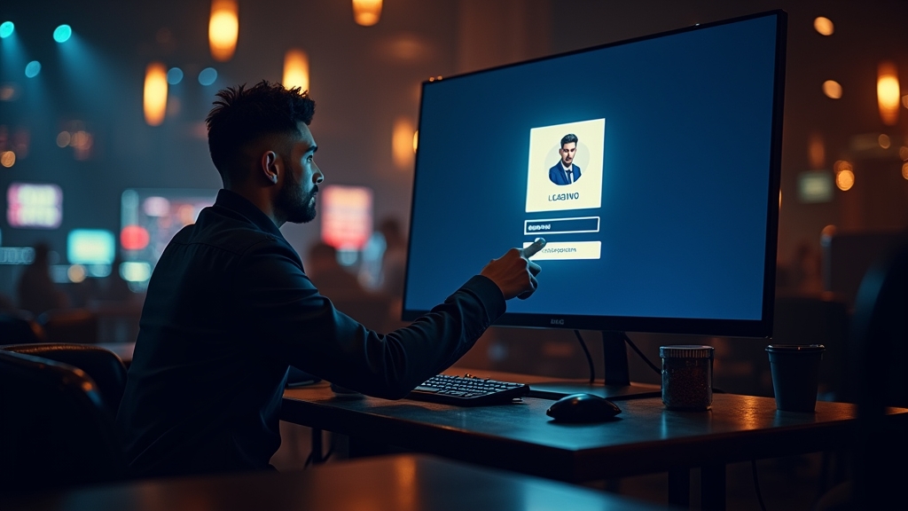Player entering login details on a casino account screen in a dark lobby