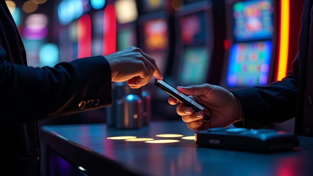 Player making a deposit at a glowing casino cashier terminal