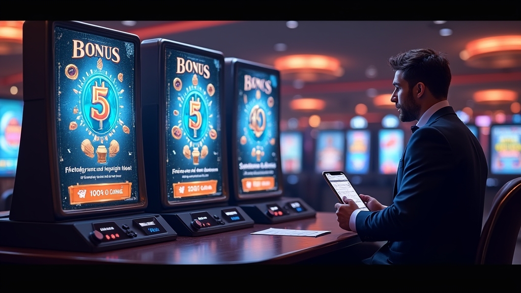 A player reviewing a glowing casino welcome bonus in a dark neon-lit lobby